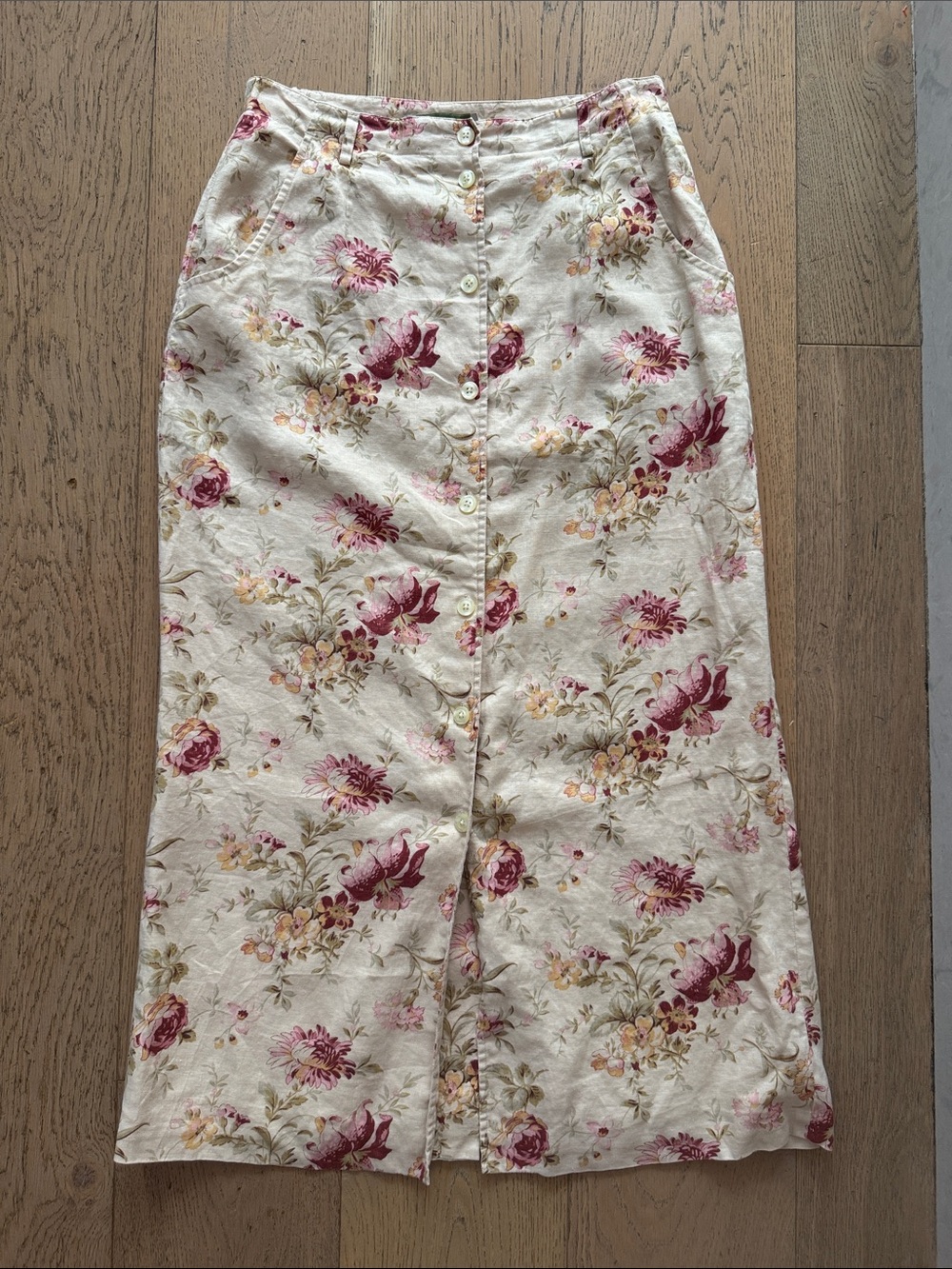 Orvis vintage floral linen midi skirt front button placket back slit